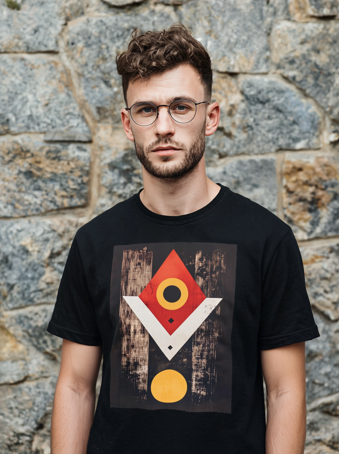 Abstract Geometric Red Diamond Weathered Wood Grain - Men's T-Shirt